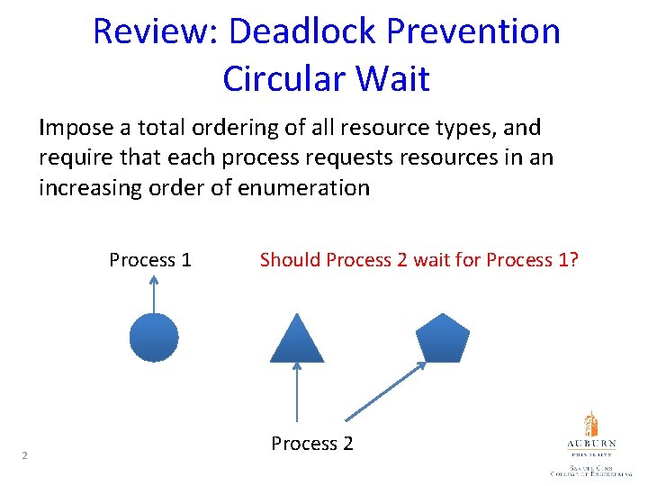 Review: Deadlock Prevention Circular Wait Impose a total ordering of all resource types, and