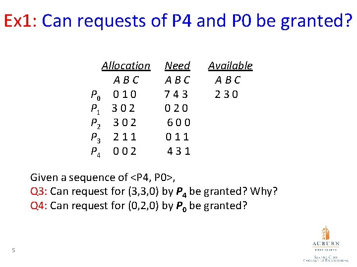 Ex 1: Can requests of P 4 and P 0 be granted? Allocation ABC