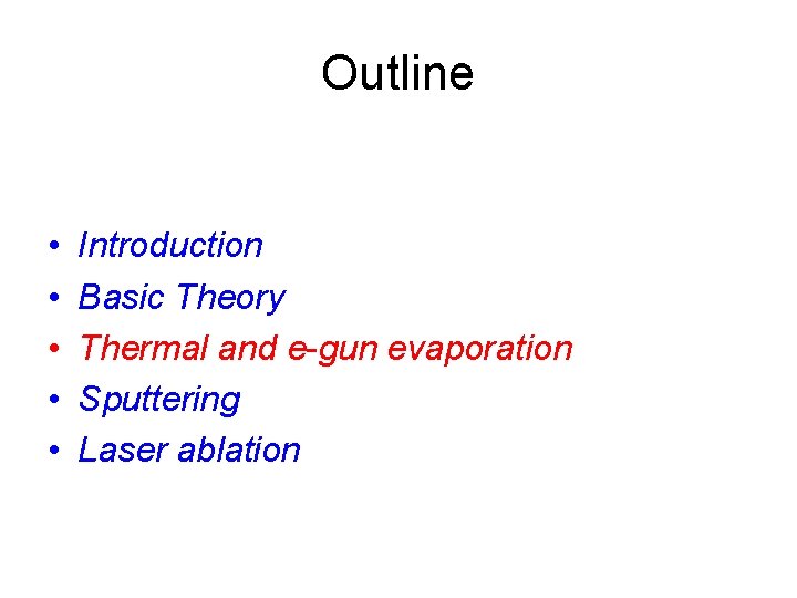 Outline • • • Introduction Basic Theory Thermal and e-gun evaporation Sputtering Laser ablation