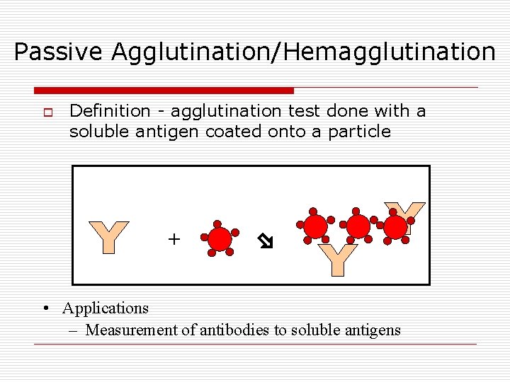 Passive Agglutination/Hemagglutination o Definition - agglutination test done with a soluble antigen coated onto