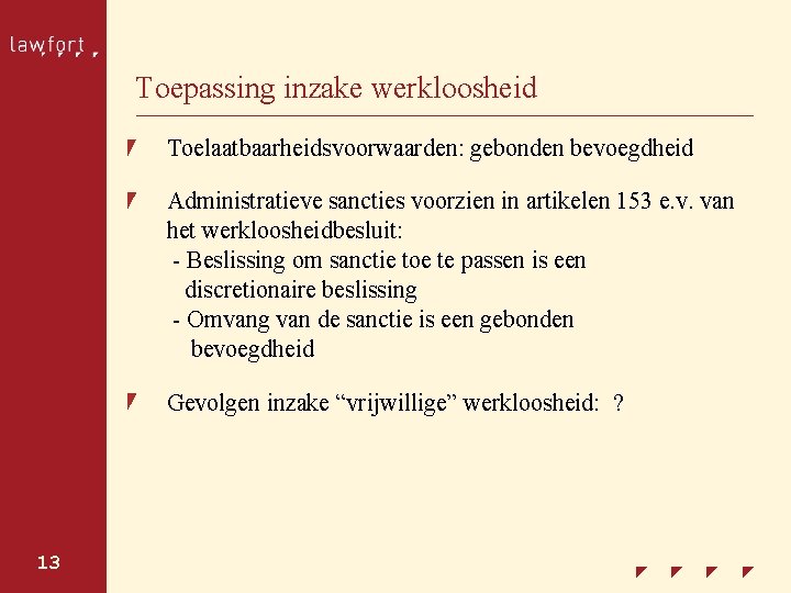 Toepassing inzake werkloosheid Toelaatbaarheidsvoorwaarden: gebonden bevoegdheid Administratieve sancties voorzien in artikelen 153 e. v.