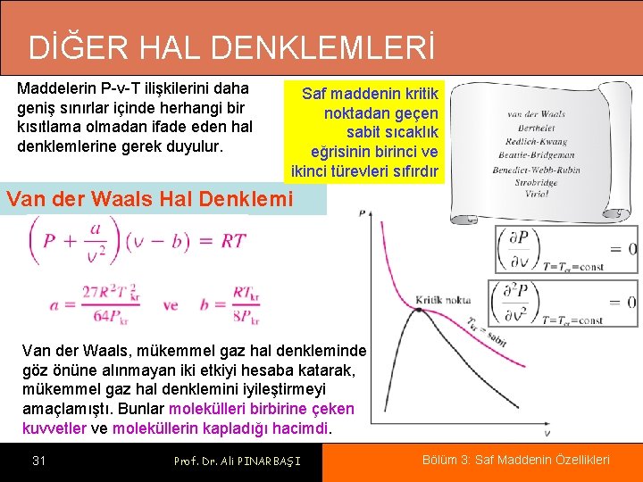 DİĞER HAL DENKLEMLERİ Maddelerin P-v-T ilişkilerini daha geniş sınırlar içinde herhangi bir kısıtlama olmadan