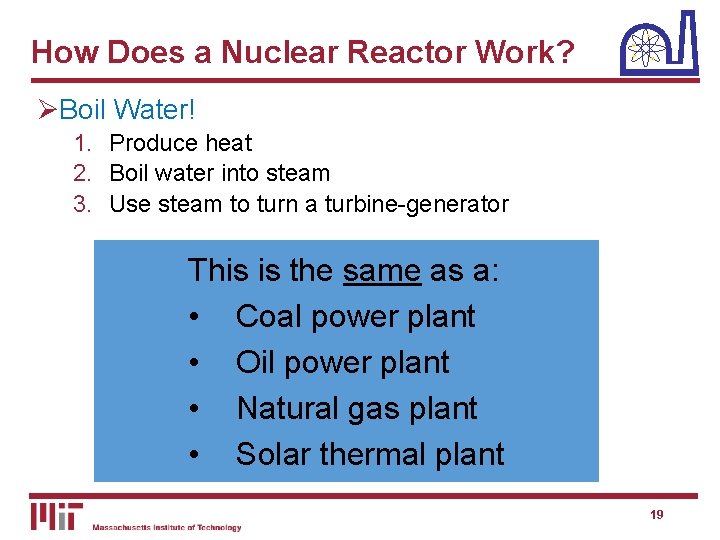How Does a Nuclear Reactor Work? ØBoil Water! 1. Produce heat 2. Boil water How Does a Nuclear Reactor Work? ØBoil Water! 1. Produce heat 2. Boil water