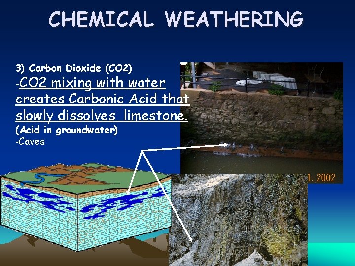 CHEMICAL WEATHERING 3) Carbon Dioxide (CO 2) -CO 2 mixing with water creates Carbonic