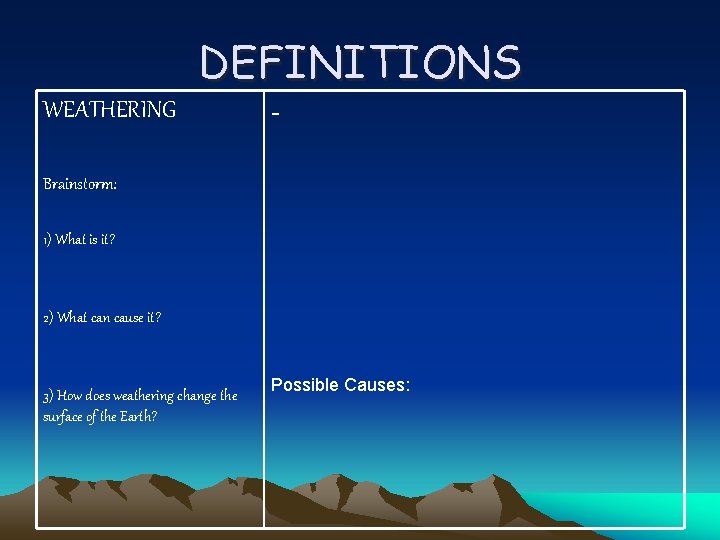 DEFINITIONS WEATHERING - Brainstorm: 1) What is it? 2) What can cause it? 3)