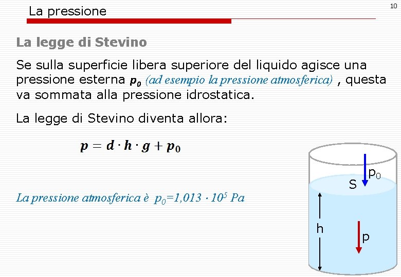 10 La pressione La legge di Stevino Se sulla superficie libera superiore del liquido