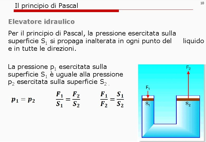 Il principio di Pascal 18 Elevatore idraulico Per il principio di Pascal, la pressione