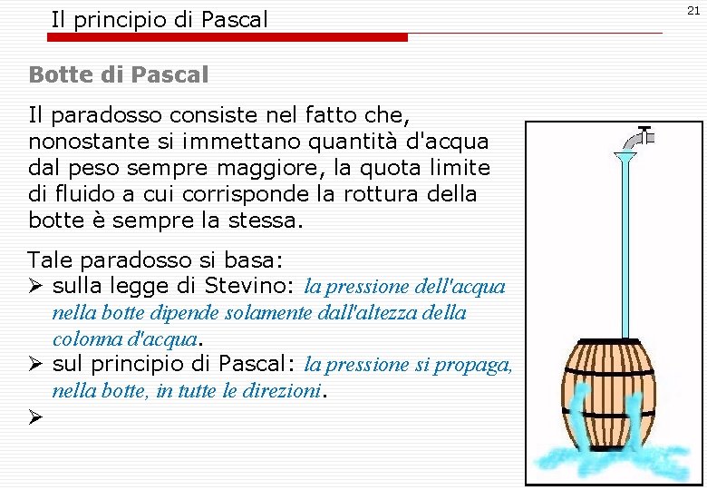 Il principio di Pascal Botte di Pascal Il paradosso consiste nel fatto che, nonostante