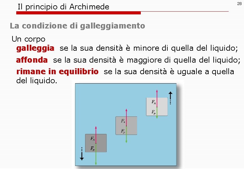 Il principio di Archimede 28 La condizione di galleggiamento Un corpo galleggia se la