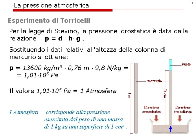 La pressione atmosferica 34 Esperimento di Torricelli Per la legge di Stevino, la pressione