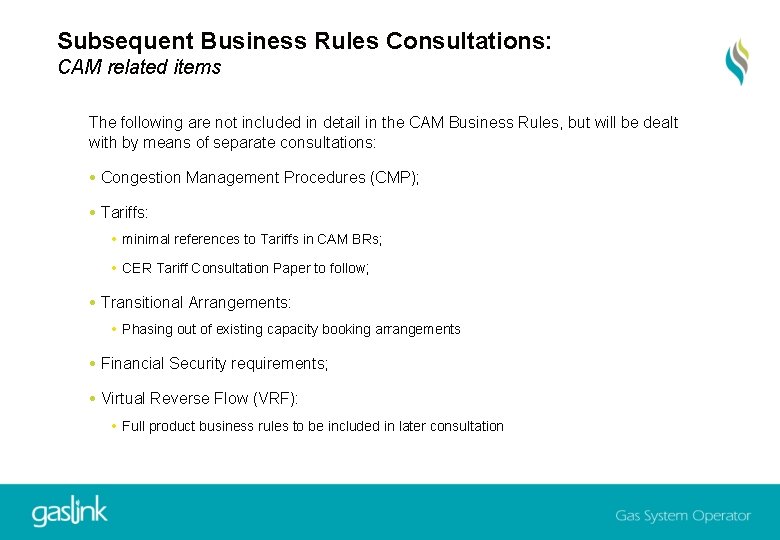 Subsequent Business Rules Consultations: CAM related items The following are not included in detail