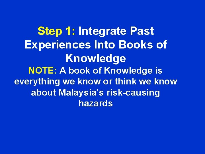 Step 1: Integrate Past Experiences Into Books of Knowledge NOTE: A book of Knowledge