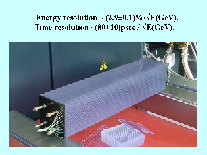Energy resolution ~ (2. 9± 0. 1)%/√E(Ge. V). Time resolution ~(80± 10)psec / √E(Ge.