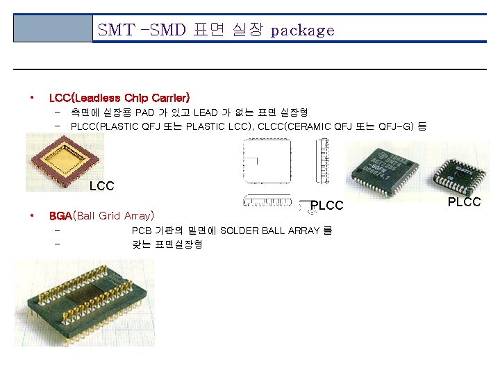 SMT –SMD 표면 실장 package • LCC(Leadless Chip Carrier) – – 측면에 실장용 PAD