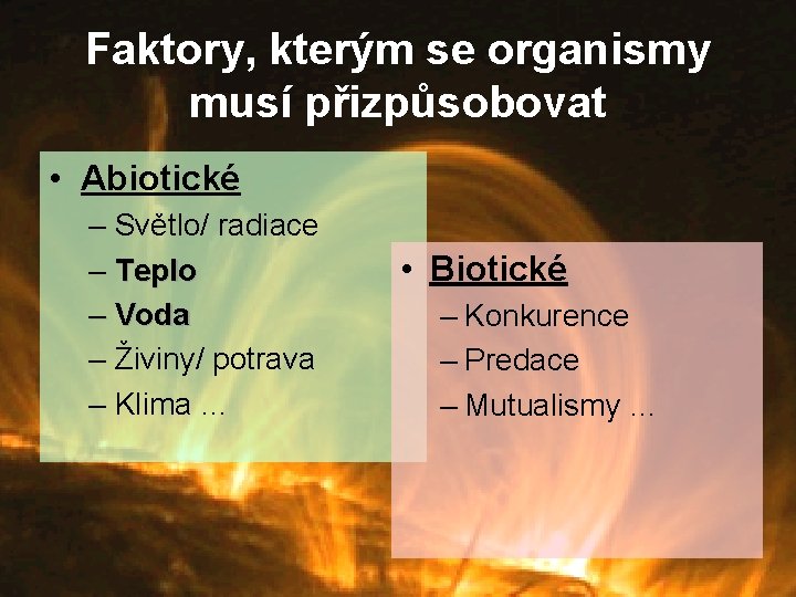 Faktory, kterým se organismy musí přizpůsobovat • Abiotické – Světlo/ radiace – Teplo –