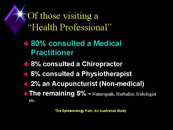Of those visiting a “Health Professional” u 80% consulted a Medical Practitioner u 8%