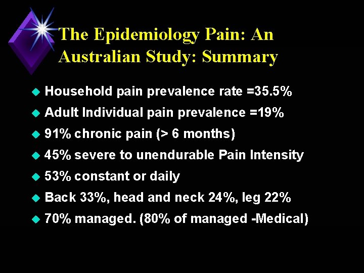 The Epidemiology Pain: An Australian Study: Summary u Household pain prevalence rate =35. 5%