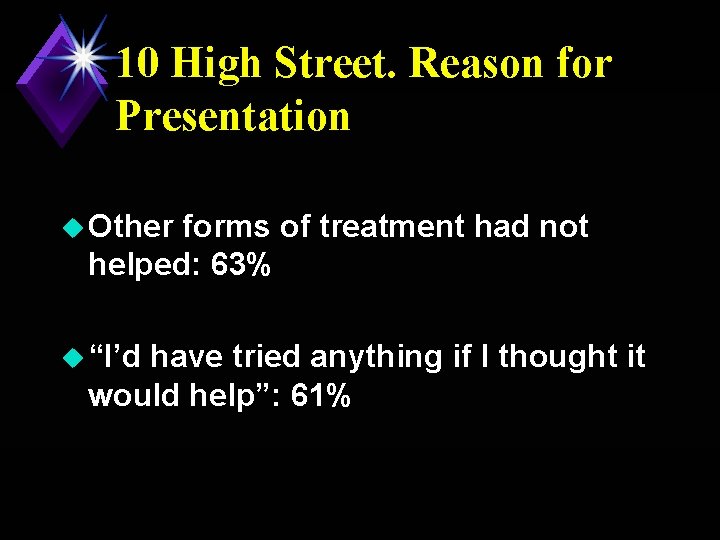 10 High Street. Reason for Presentation u Other forms of treatment had not helped: