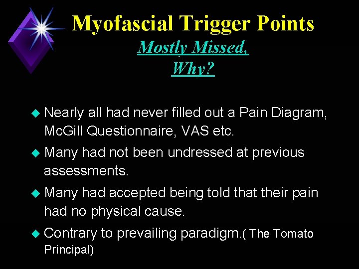 Myofascial Trigger Points Mostly Missed, Why? u Nearly all had never filled out a