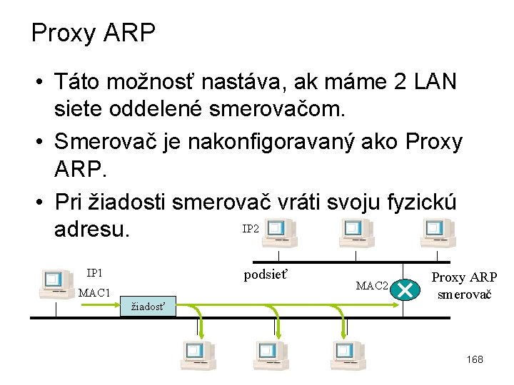 Proxy ARP • Táto možnosť nastáva, ak máme 2 LAN siete oddelené smerovačom. •