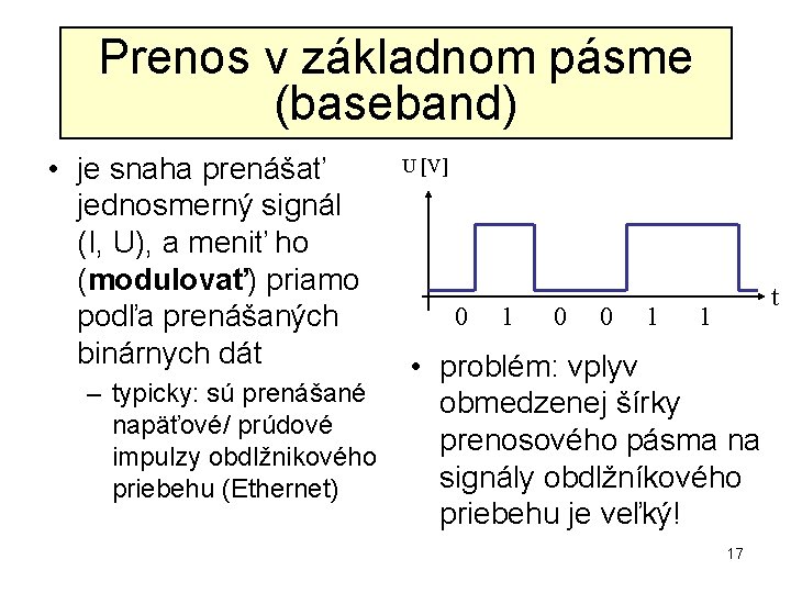 Prenos v základnom pásme (baseband) • je snaha prenášať jednosmerný signál (I, U), a