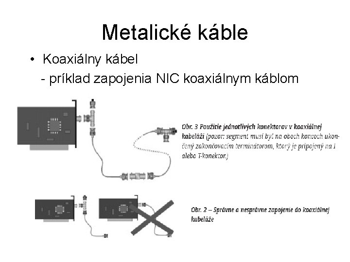 Metalické káble • Koaxiálny kábel - príklad zapojenia NIC koaxiálnym káblom 