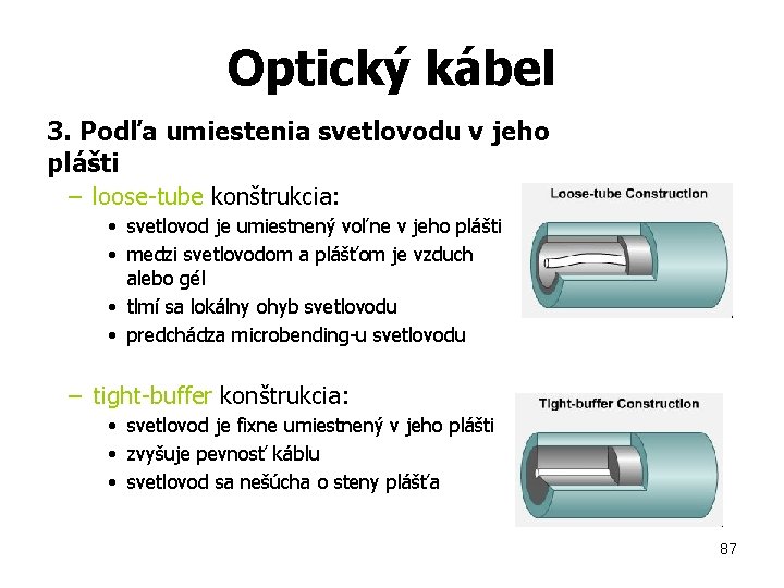 Optický kábel 3. Podľa umiestenia svetlovodu v jeho plášti – loose-tube konštrukcia: • svetlovod