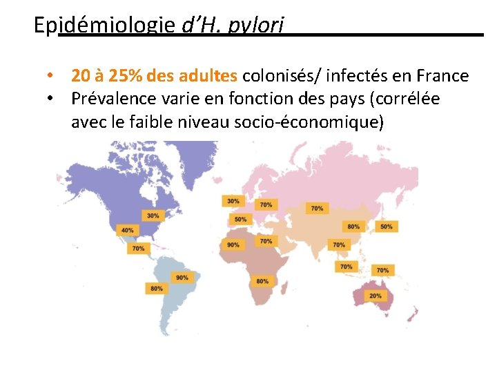 Epidémiologie d’H. pylori • 20 à 25% des adultes colonisés/ infectés en France •