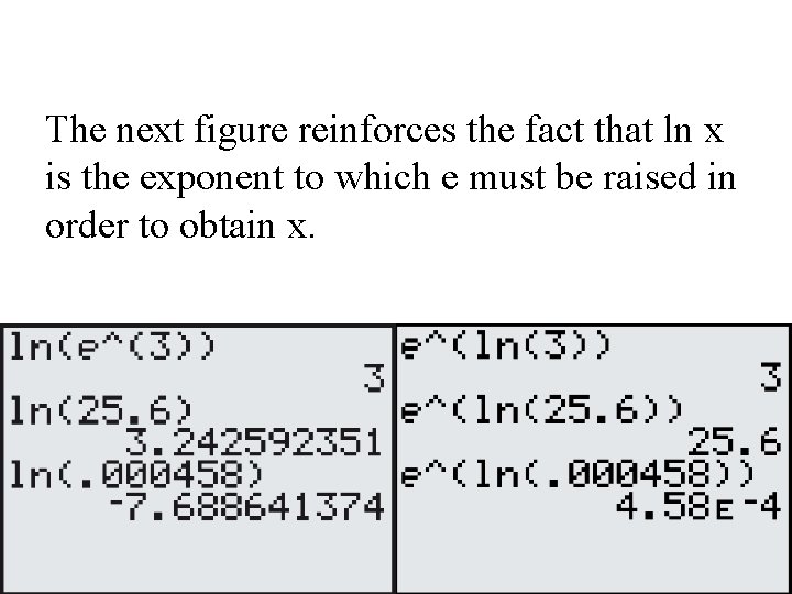 The next figure reinforces the fact that ln x is the exponent to which