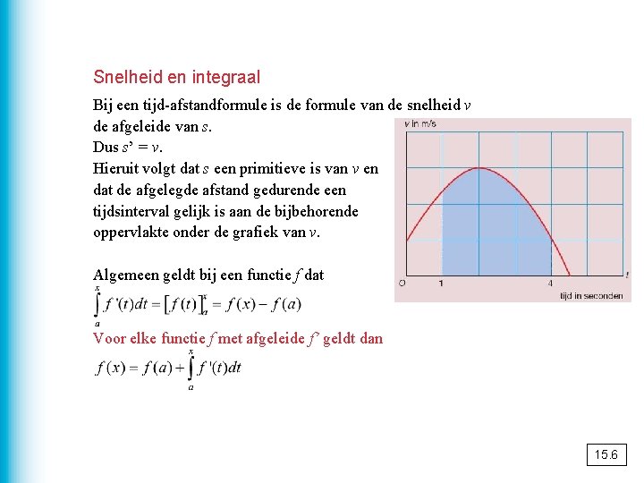 Snelheid en integraal Bij een tijd-afstandformule is de formule van de snelheid v de