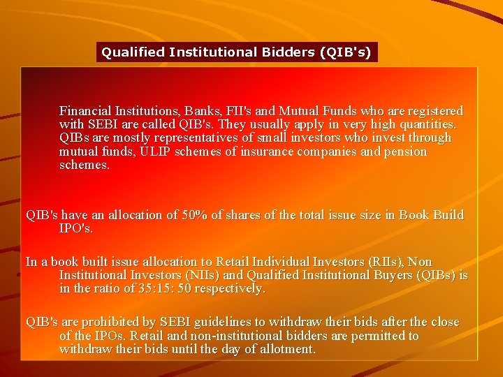 Qualified Institutional Bidders (QIB's) Financial Institutions, Banks, FII's and Mutual Funds who are registered