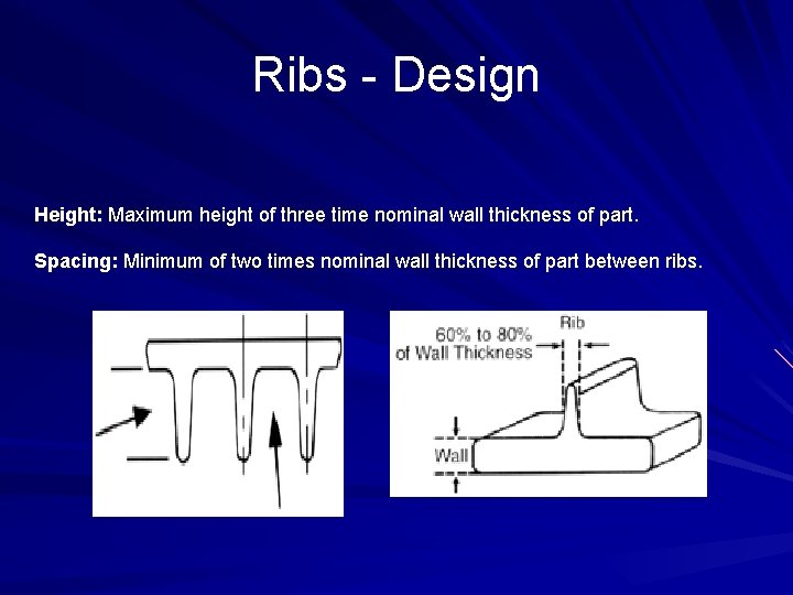 Ribs - Design Height: Maximum height of three time nominal wall thickness of part.