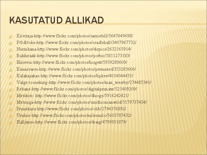 KASUTATUD ALLIKAD Kiivitaja-http: //www. flickr. com/photos/sarniebill/5647649698/ Põldlõoke-http: //www. flickr. com/photos/cradlehall/3407967732/ Nurmkana-http: //www. flickr. com/photos/dirpics/2632165914/ KASUTATUD ALLIKAD Kiivitaja-http: //www. flickr. com/photos/sarniebill/5647649698/ Põldlõoke-http: //www. flickr. com/photos/cradlehall/3407967732/ Nurmkana-http: //www. flickr. com/photos/dirpics/2632165914/
