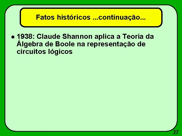 Fatos históricos. . . continuação. . . 1938: Claude Shannon aplica a Teoria da