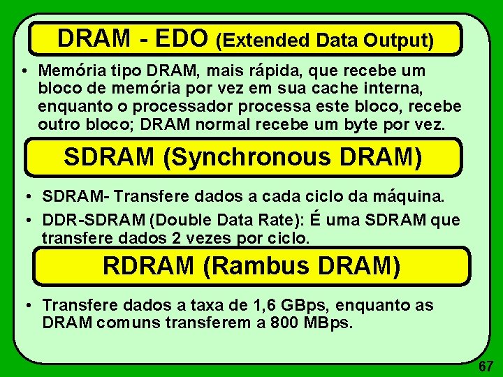 DRAM - EDO (Extended Data Output) • Memória tipo DRAM, mais rápida, que recebe