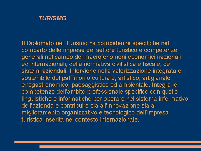 TURISMO Il Diplomato nel Turismo ha competenze specifiche nel comparto delle imprese del settore
