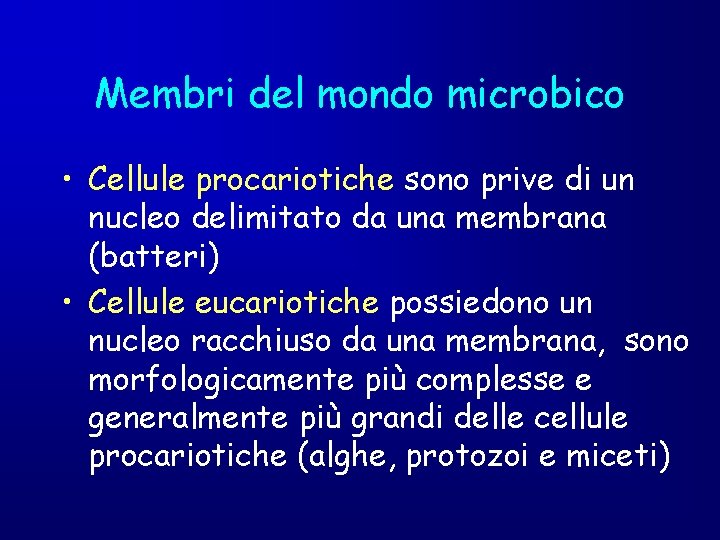 Membri del mondo microbico • Cellule procariotiche sono prive di un nucleo delimitato da