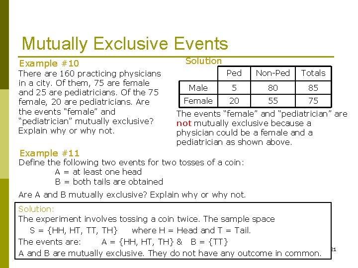 Mutually Exclusive Events Example #10 There are 160 practicing physicians in a city. Of