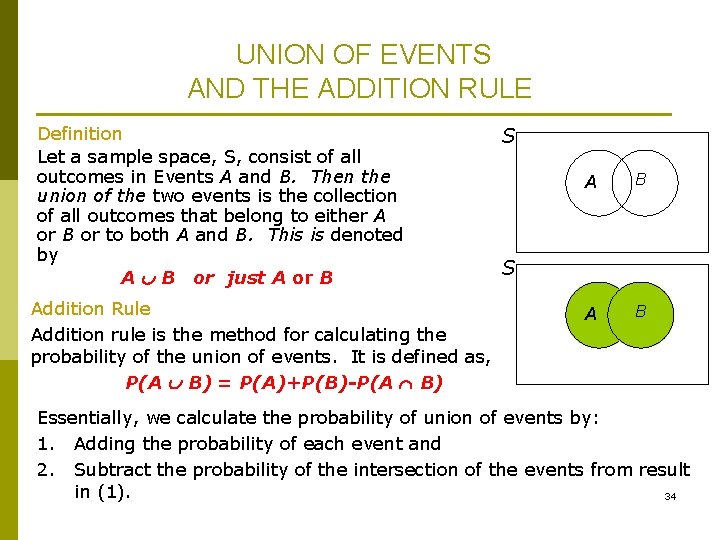 UNION OF EVENTS AND THE ADDITION RULE Definition Let a sample space, S, consist
