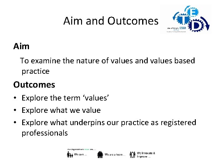 Aim and Outcomes Aim To examine the nature of values and values based practice