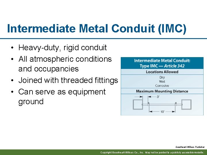 Intermediate Metal Conduit (IMC) • Heavy-duty, rigid conduit • All atmospheric conditions and occupancies