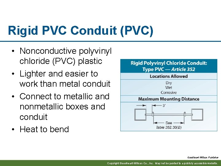 Rigid PVC Conduit (PVC) • Nonconductive polyvinyl chloride (PVC) plastic • Lighter and easier