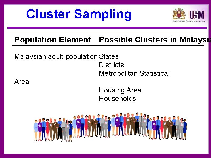 Cluster Sampling Population Element Possible Clusters in Malaysian adult population States Districts Metropolitan Statistical