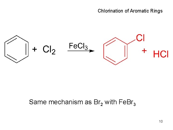 Chlorination of Aromatic Rings Same mechanism as Br 2 with Fe. Br 3 10