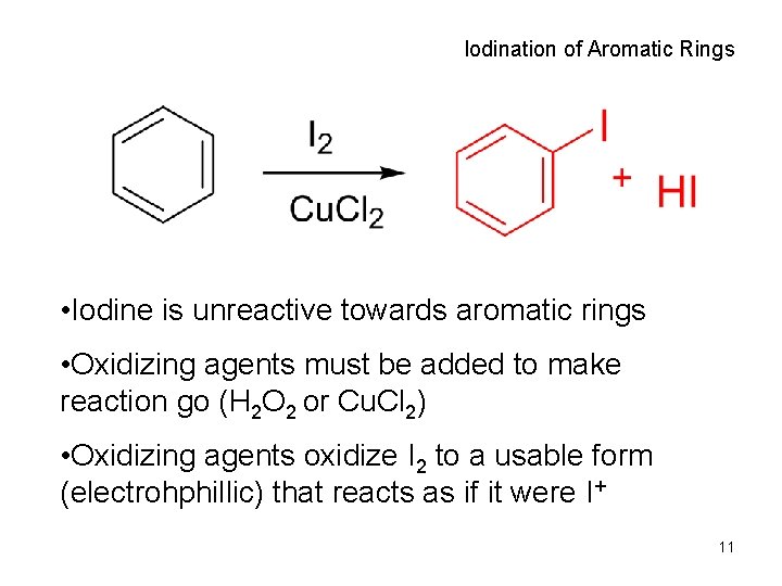 Iodination of Aromatic Rings • Iodine is unreactive towards aromatic rings • Oxidizing agents