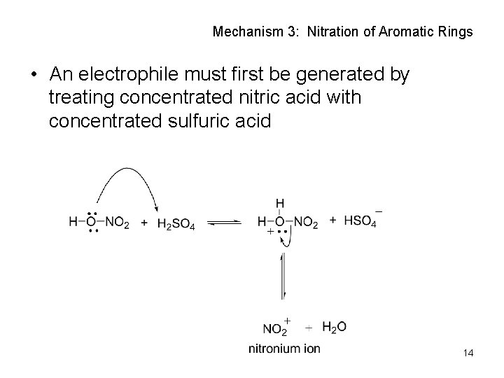 Mechanism 3: Nitration of Aromatic Rings • An electrophile must first be generated by