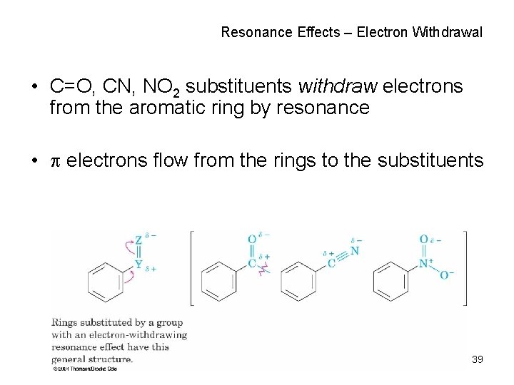 Resonance Effects – Electron Withdrawal • C=O, CN, NO 2 substituents withdraw electrons from
