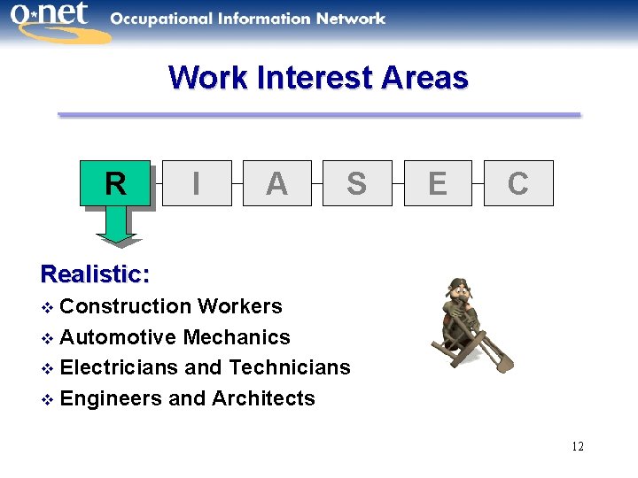 Work Interest Areas R I A S E C Realistic: Construction Workers v Automotive