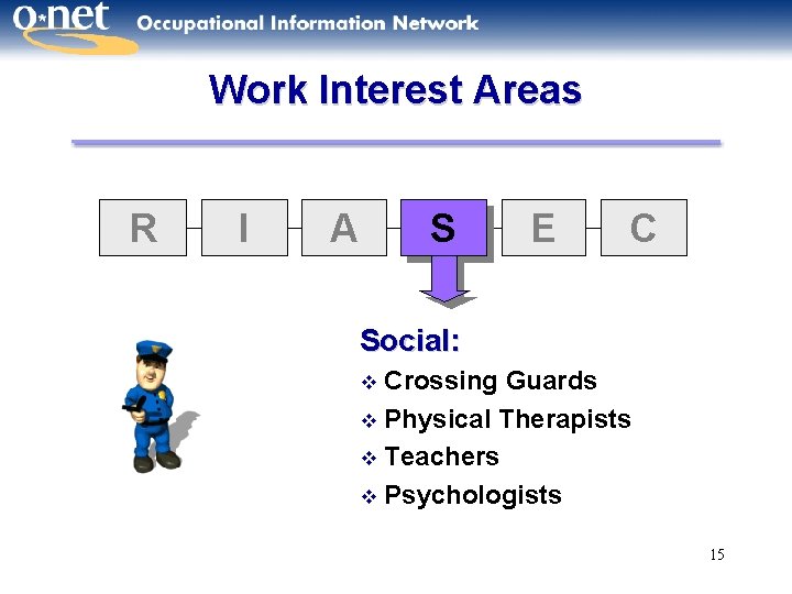 Work Interest Areas R I A S E C Social: Crossing Guards v Physical