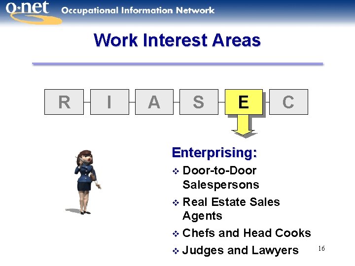 Work Interest Areas R I A S E C Enterprising: Door-to-Door Salespersons v Real